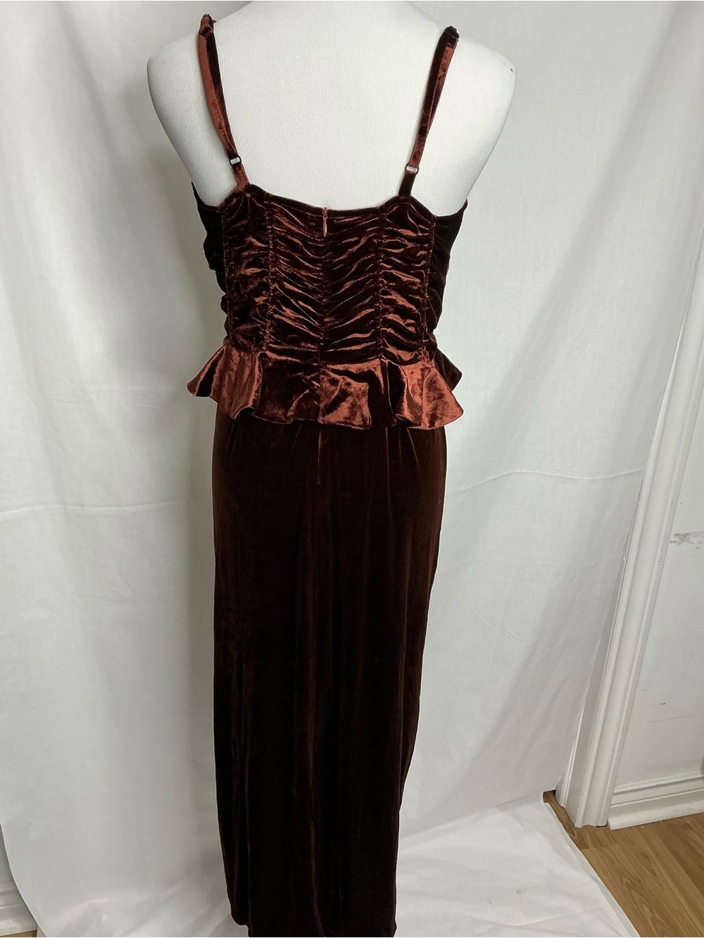 2202 - Ruched Velvet Peplum Maxi Dress in Deep Chocolate - Picture 5 of 12
